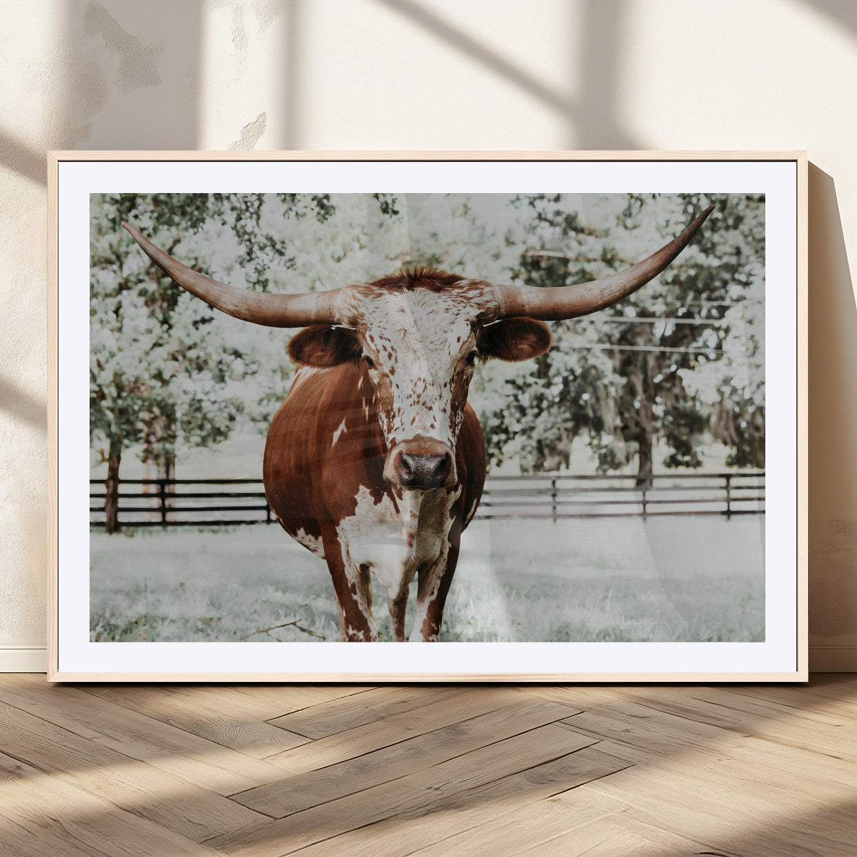 MGC-FP-36x24 - Texas Longhorn Wall Art Canvas Print, Framed Spotted Cow Art Picture Print, Horned Cattle Perfect Rustic Western Decor Artwork