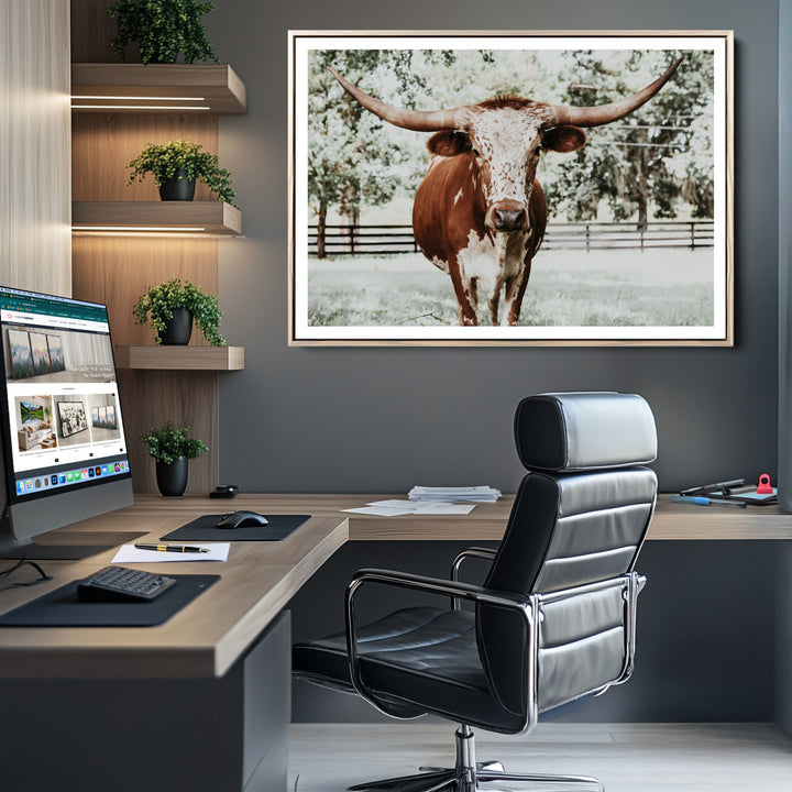 Texas Longhorn Wall Art Canvas Print, Framed Spotted Cow Art Picture Print, Horned Cattle Perfect Rustic Western Decor Artwork