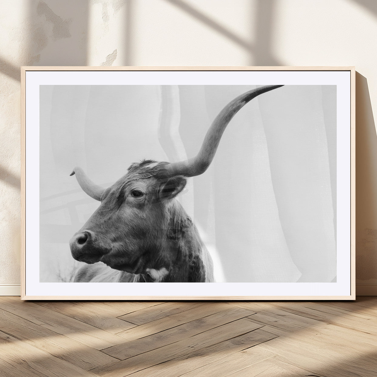 MGC-FP-36x24 - Longhorn Wall Art Wall Art Canvas Print, Framed Modern Ranch Style Art Art Picture Print, Monochrome Cow Print Perfect Rustic Western Decor Artwork