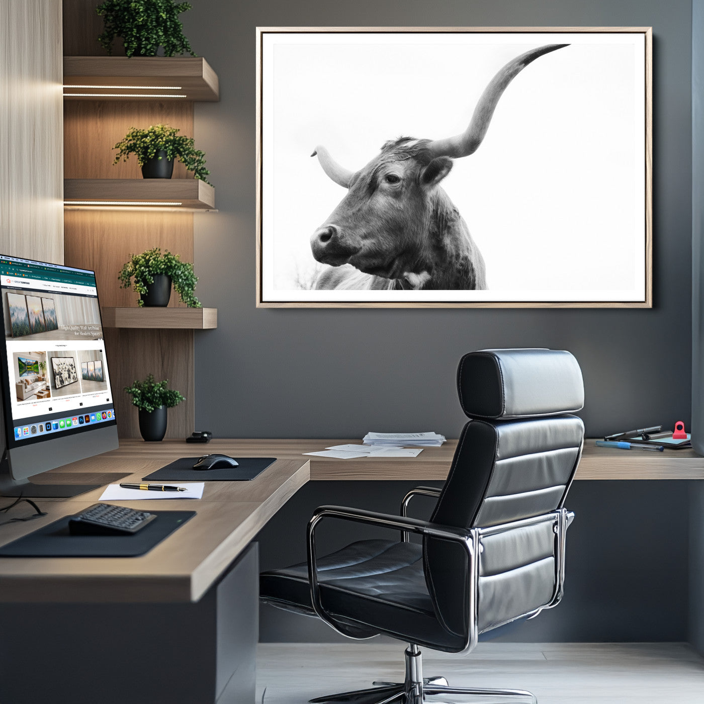 64392617-MGC-FP-36x24_Natural-Longhorn Wall Art Wall Art Canvas Print, Framed Modern Ranch Style Art Art Picture Print, Monochrome Cow Print Perfect Rustic Western Decor