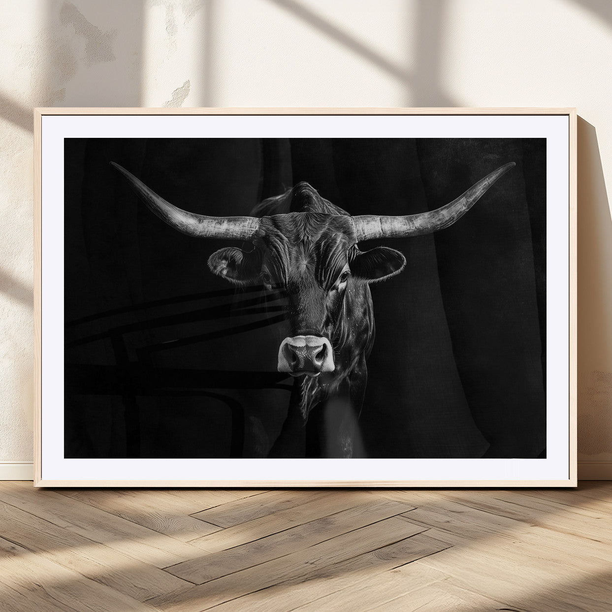 MGC-FP-36x24 - Texas Longhorn Wall Art Canvas Print, Framed Monochrome Bull Art Picture Print, Horned Bull Perfect Rustic Western Decor Artwork