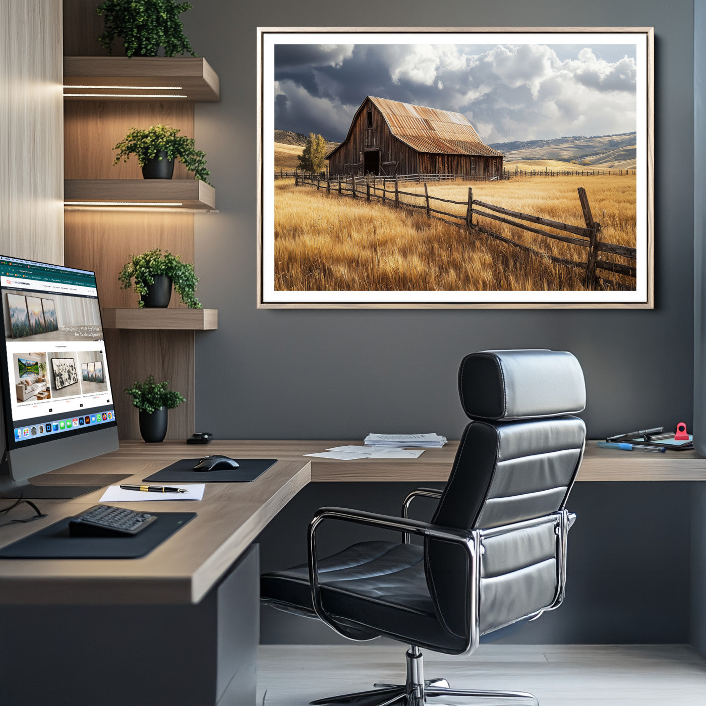 Rustic Barn Wall Art Canvas Print, Framed Moody Barn Art Picture Print, Golden Field Perfect Rustic Farmhouse Decor