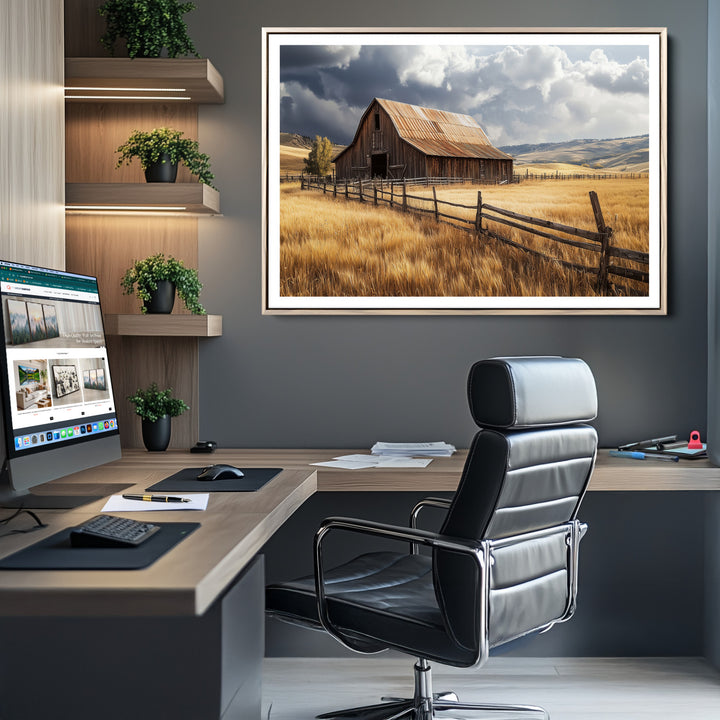 Rustic Barn Wall Art Canvas Print, Framed Moody Barn Art Picture Print, Golden Field Perfect Rustic Farmhouse Decor