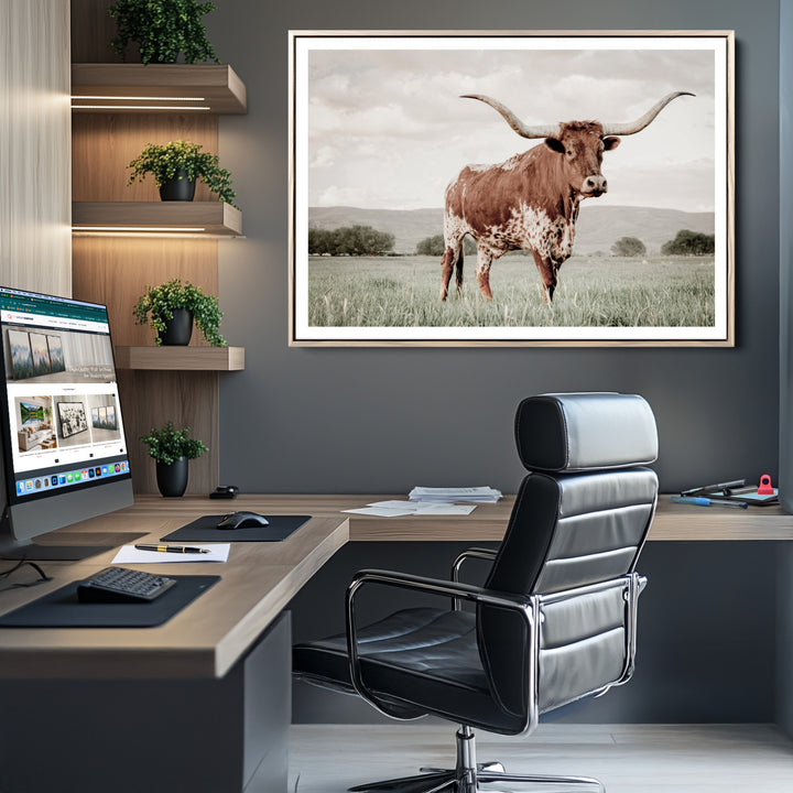 Texas Longhorn Wall Art Canvas Print, Framed Spotted Cattle Art Picture Print, Horned Bull Perfect Rustic Western Decor Artwork