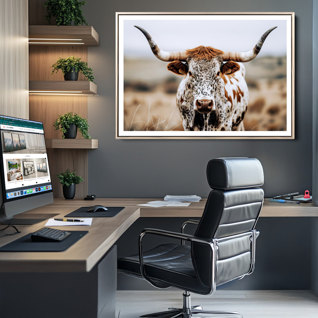 Texas Longhorn Wall Art Canvas Print, Framed Spotted Cow Art Picture Print, Horned Cattle Perfect Rustic Western Decor Artwork