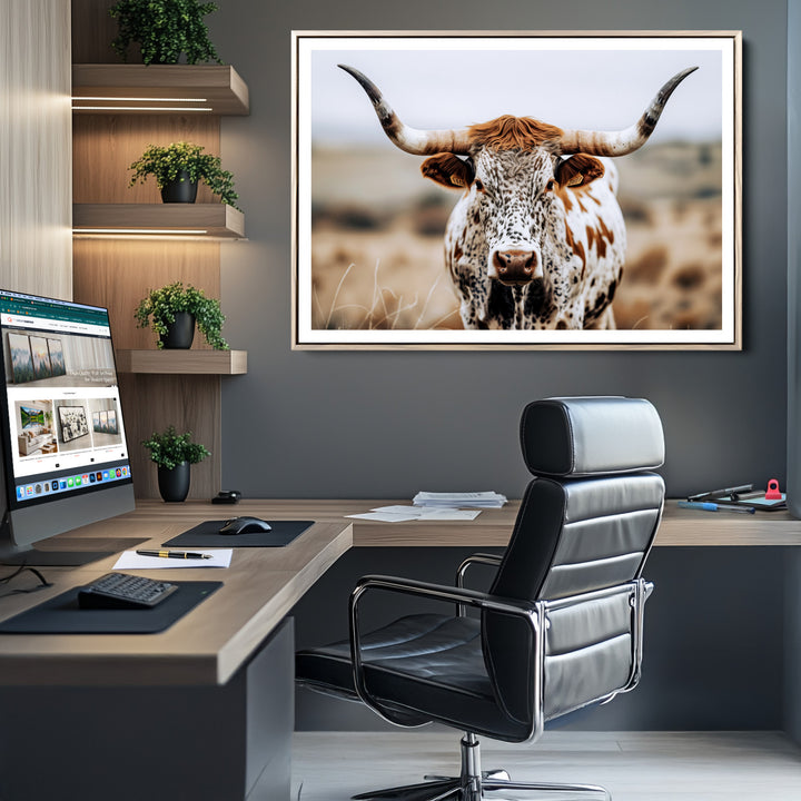 Texas Longhorn Wall Art Canvas Print, Framed Spotted Cow Art Picture Print, Horned Cattle Perfect Rustic Western Decor Artwork