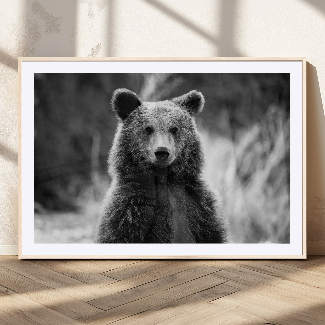 MGC-FP-36x24 - Grizzly Bear Wall Art Canvas Print, Framed Black White Bear Art Picture Print, Wild Bear Perfect Rustic Wildlife Decor Artwork