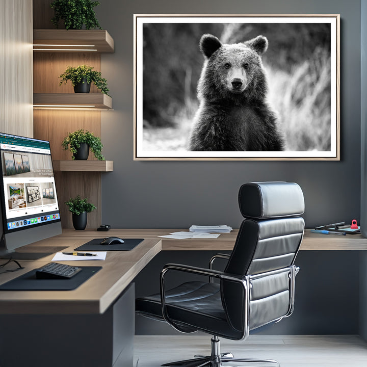 Grizzly Bear Wall Art Canvas Print, Framed Black White Bear Art Picture Print, Wild Bear Perfect Rustic Wildlife Decor