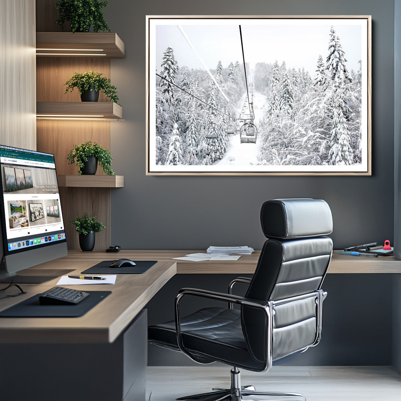 Snowy Mountains Wall Art Canvas Print, Framed Ski Lift Art Picture Print, Winter Forest Perfect Winter Minimalist Decor, Ski Lift Canvas