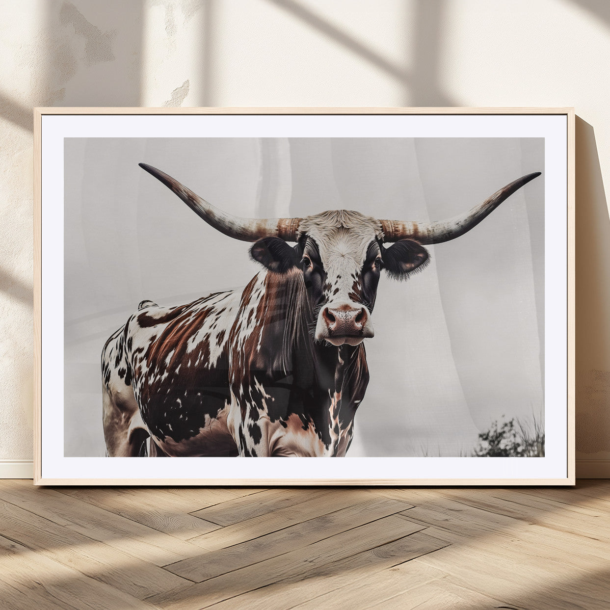 Close-up of a Texas Longhorn bull with powerful horns, perfect for rustic farmhouse or country-themed home decor. Ideal for animal lovers.