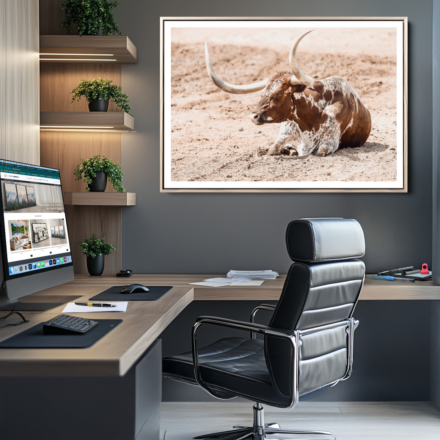 Texas Longhorn Wall Art Canvas Print, Framed Resting Bull Art Picture Print, Spotted Cattle Perfect Rustic Western Decor, Spotted Cattle