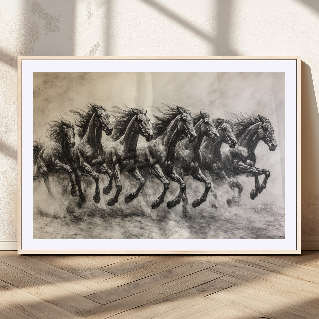 Monochrome drawing of a herd of galloping horses, perfect for dynamic and wild-themed decor in any equestrian or nature-inspired room.