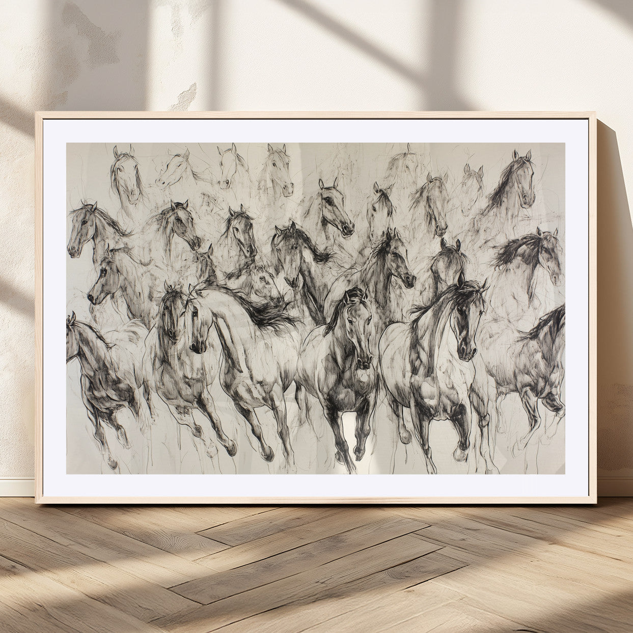 Monochrome ink sketch of galloping horses in dynamic motion, perfect for western or equine-themed wall decor with bold artistic energy.