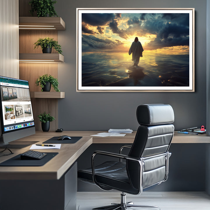 Jesus Walks Wall Art Canvas Print, Framed Divine Sunset Art Picture Print, Spiritual Light Perfect Spiritual Tranquil Decor Artwork