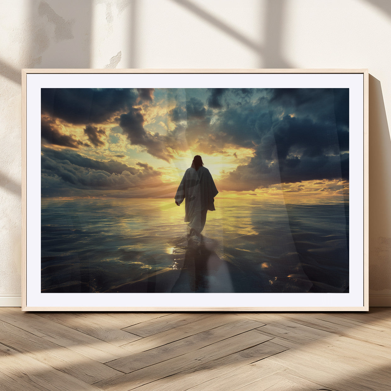 Spiritual artwork of Jesus walking on water at golden hour with divine light, ideal for Christian home decor or prayer room.