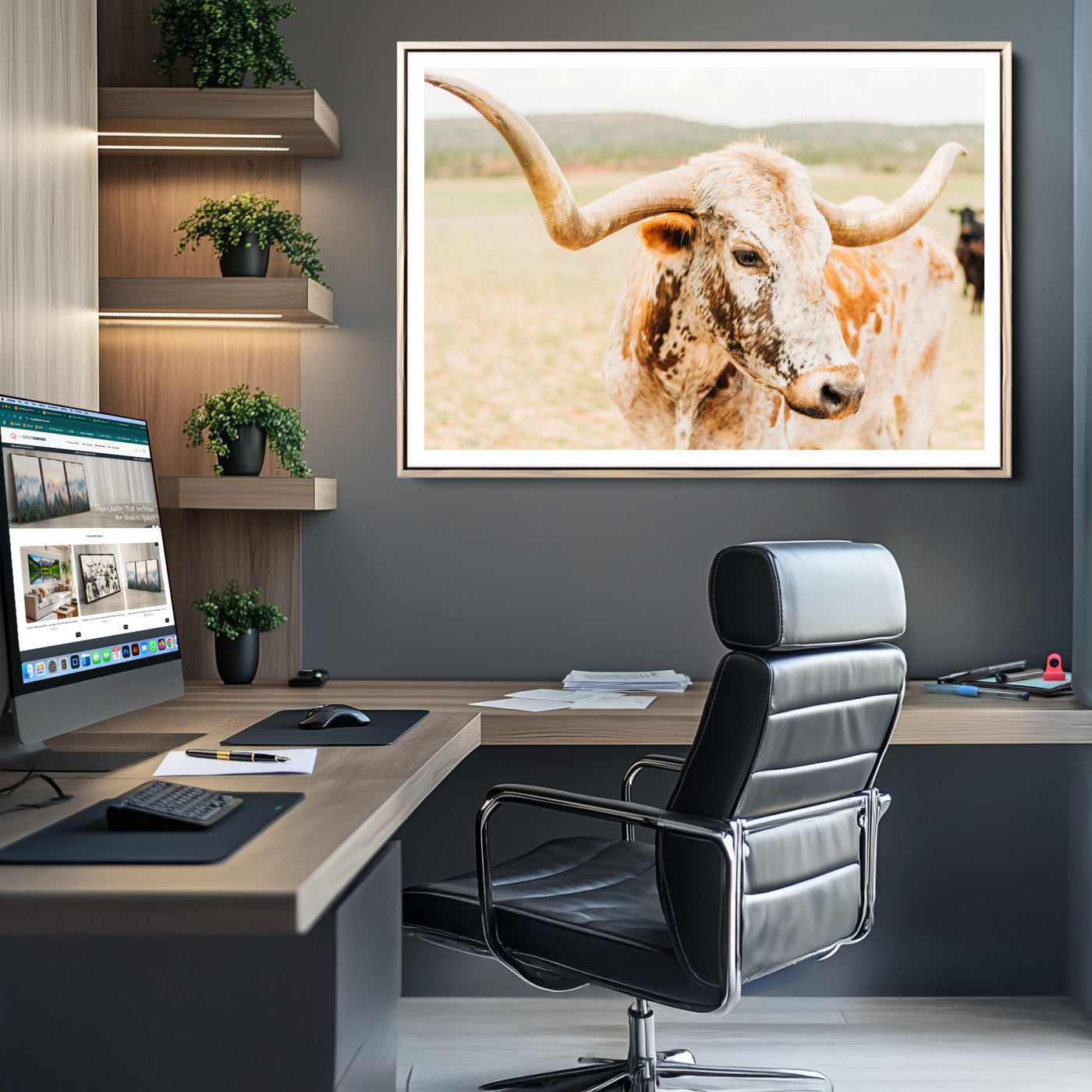 Texas Longhorn Wall Art Canvas Print, Framed Speckled Cow Art Picture Print, Rustic Bull Perfect Rustic Western Decor, Framed Speckled Cow