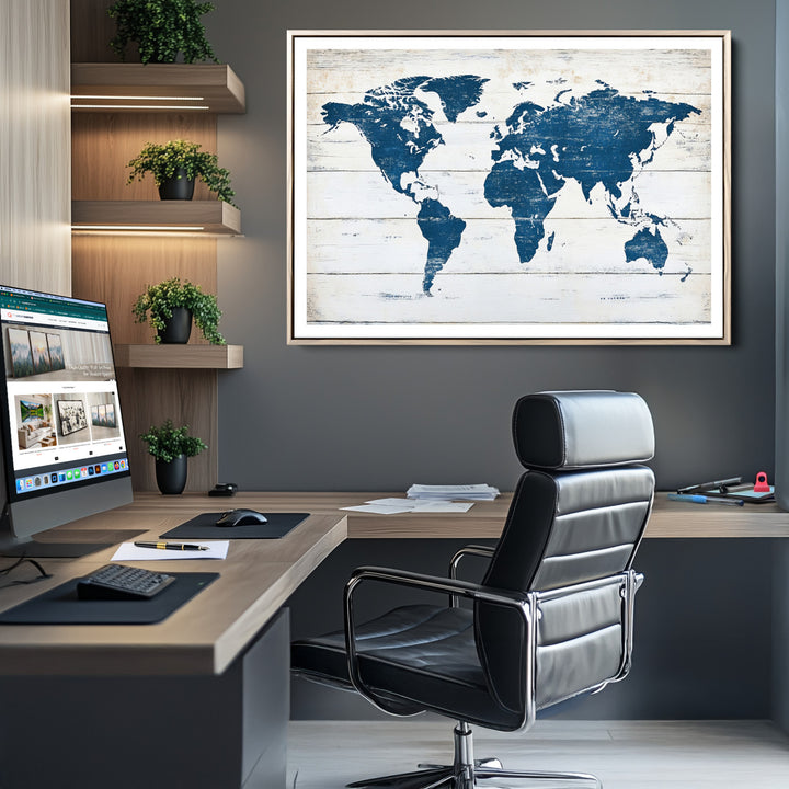 World Map Wall Art Canvas Print, Framed Rustic Atlas Art Picture Print, Wooden Map Perfect Vintage Decor Artwork