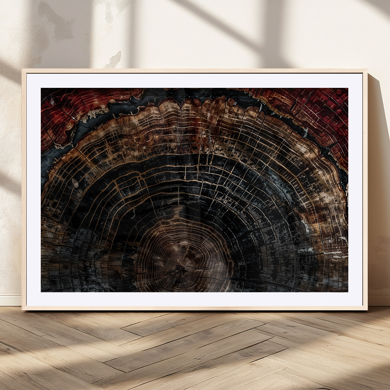 MGC-FP-36x24 - Dark Wood Ring Wall Art Canvas Print, Framed Abstract Wood Tree Art Picture Print, Rustic Tree Slice Perfect Rustic Decor Artwork