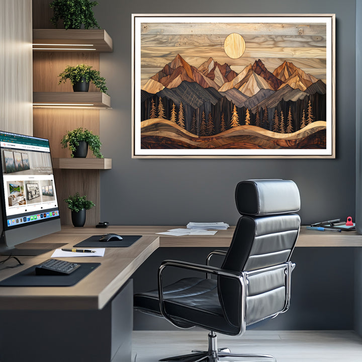 50100230-MGC-FP-36x24_Natural-Wood Mountain Wall Art Canvas Print, Framed Boho Wood Art Print, Abstract Woodland Farmhouse Decor