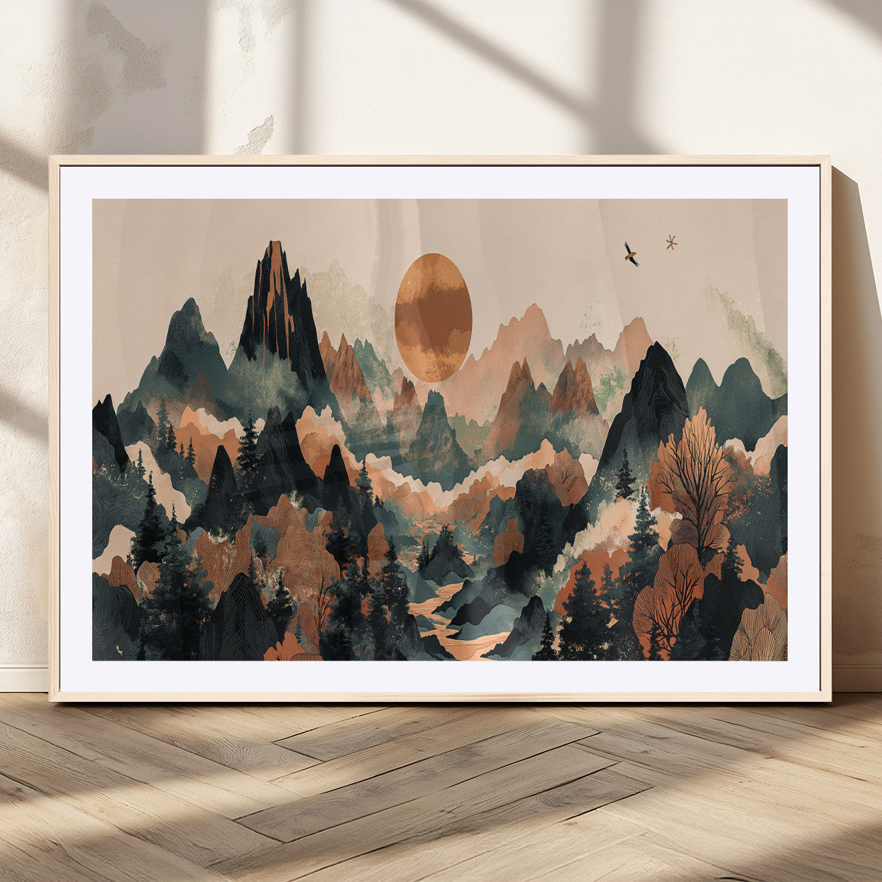 MGC-FP-36x24 - Wood Mountain Landscape Wall Art Canvas Print, Framed Sunset Hills Art Picture Print, Abstract Nature Perfect Boho Decor Artwork