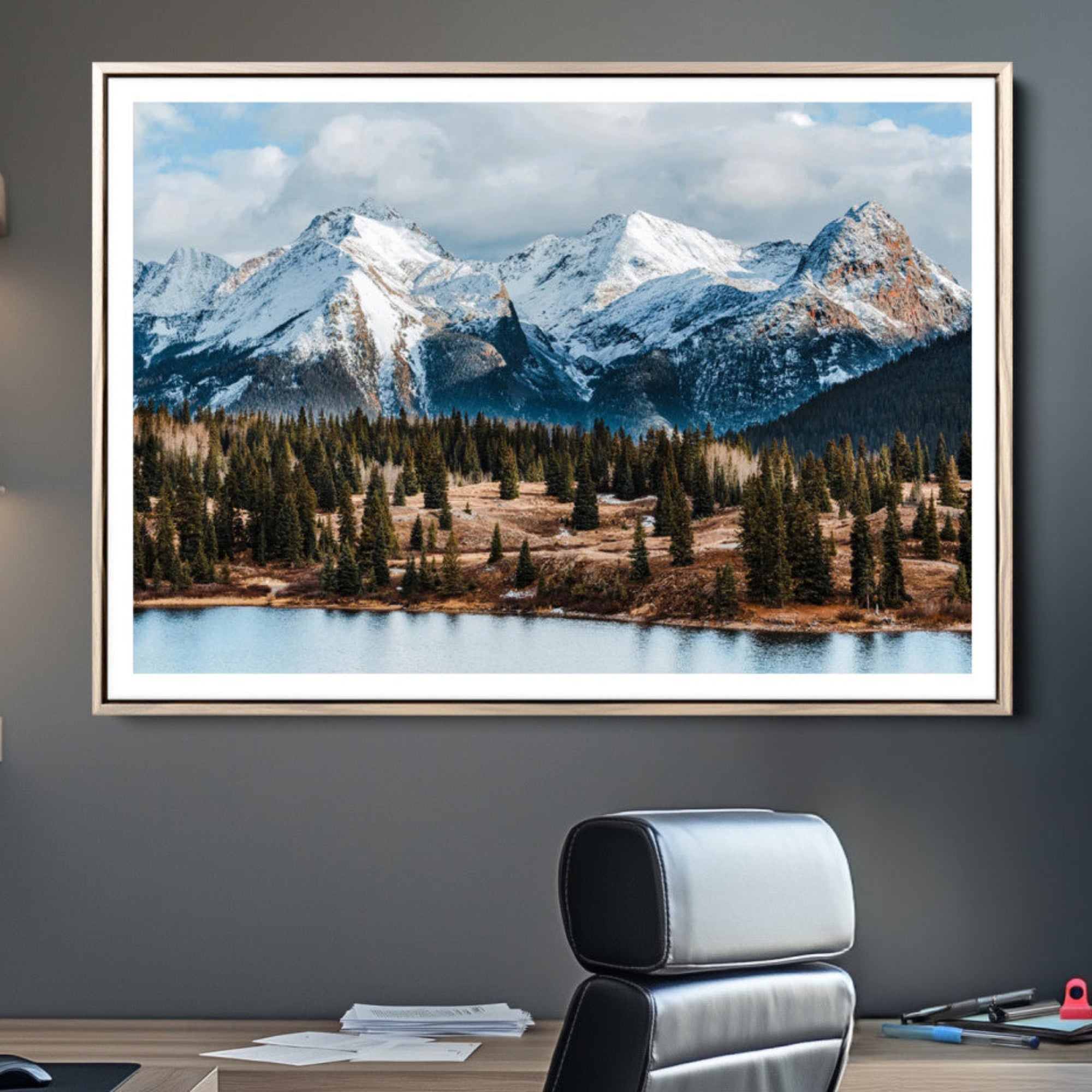 36247746-MGC-FP-36x24-Snowy Peaks Wall Art Canvas Print – Framed Alpine Lake Pine Forest Mountain Landscape Nature Artwork for Home Office