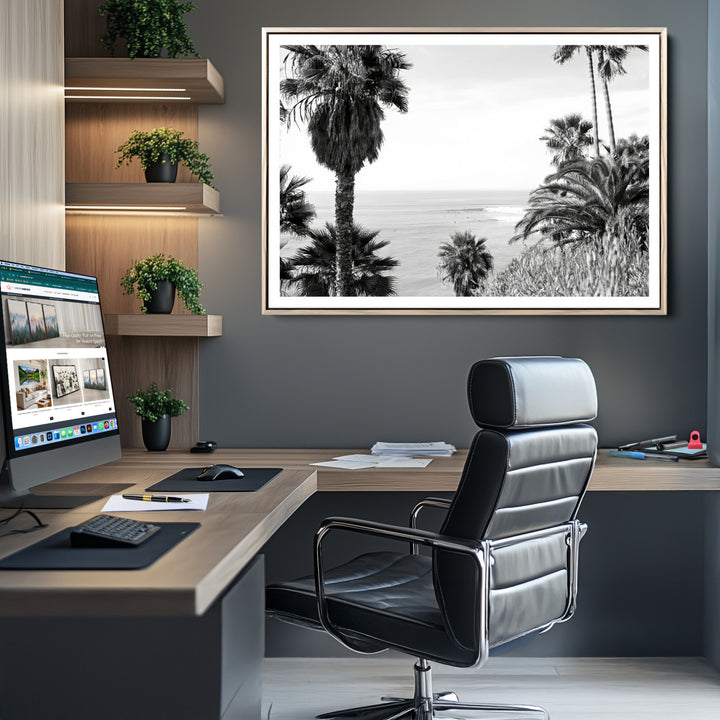 Palm Trees Wall Art Canvas Print, Framed Coastal Art Picture Print, Ocean Horizon Perfect Monochrome Coast Decor