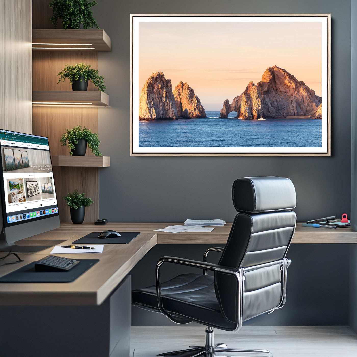72996116-MGC-FP-36x24-El Arco Wall Art Canvas Print, Framed Cabo Rocks Art Picture Print, Ocean Arch Perfect Golden Coastal Landmark Decor, The Arch Canvas Print