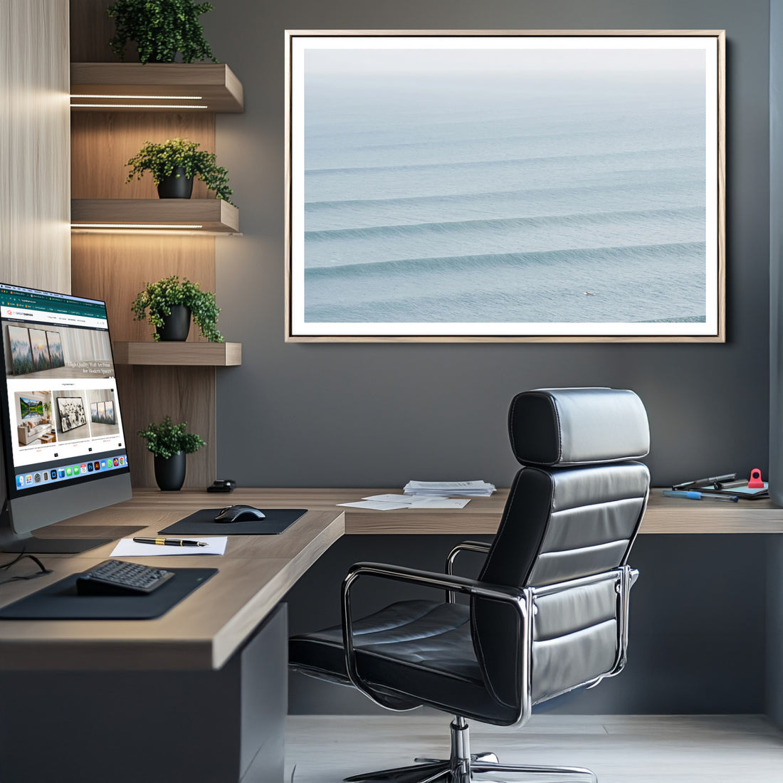 Ocean Waves Wall Art Canvas Print, Framed Solo Surfer Wave Lines Minimalist Art