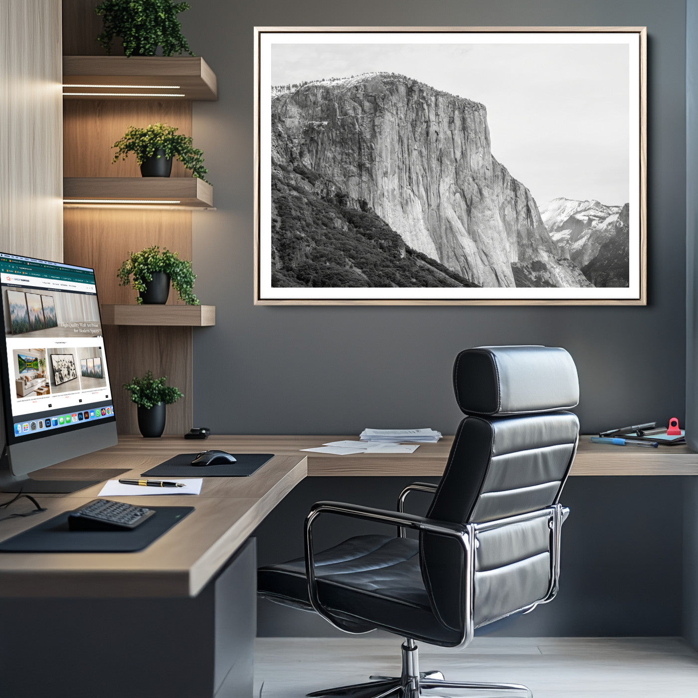 El Capitan Wall Art Canvas Print, Framed Yosemite Cliff Art Picture Print, Monochrome Mountain Perfect Monochrome Sierra Decor