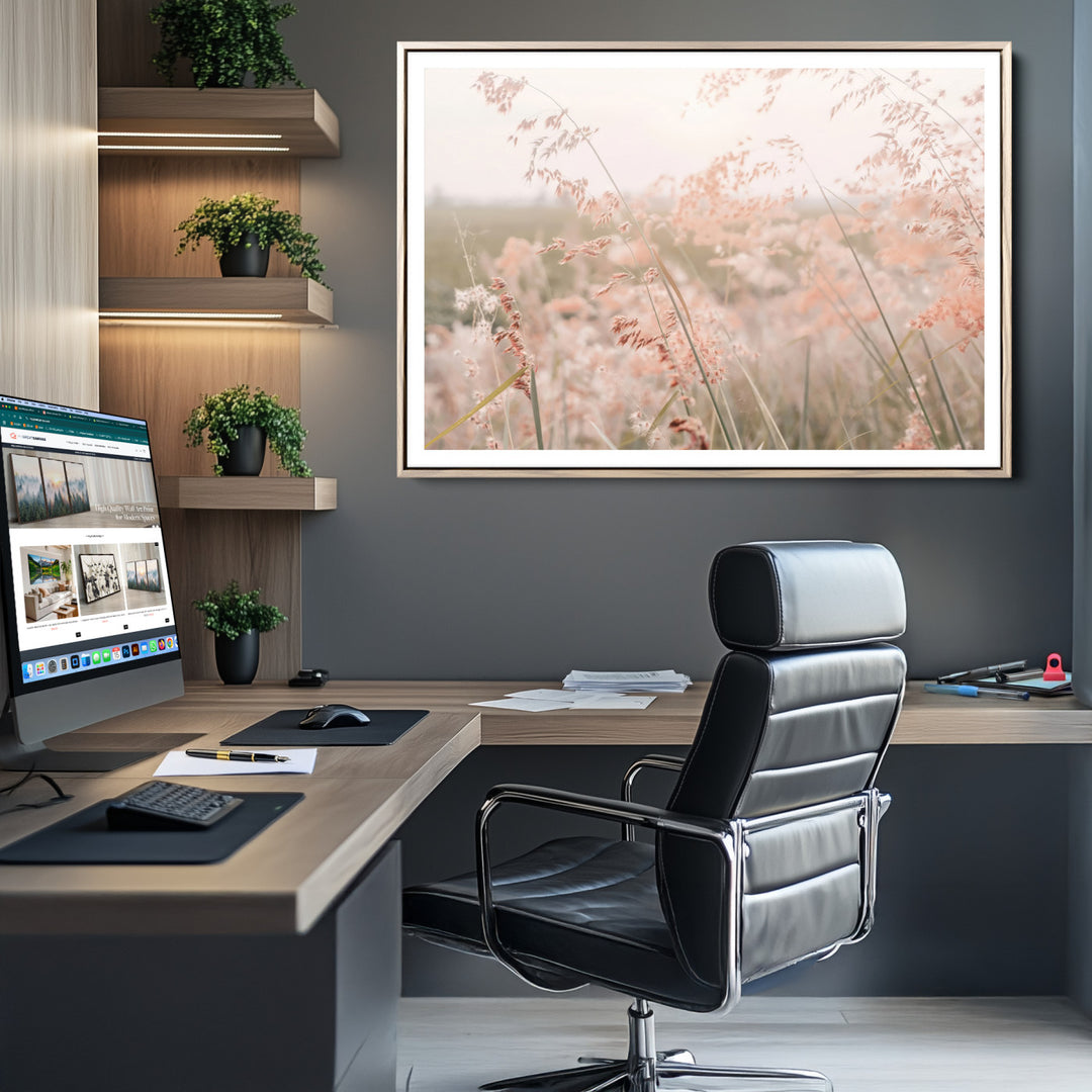 Pastel Grasses Wall Art Canvas Print, Soft Meadow Print, Framed Field in Breeze Art Print, Large Pink Meadow Printing Soft Pastel