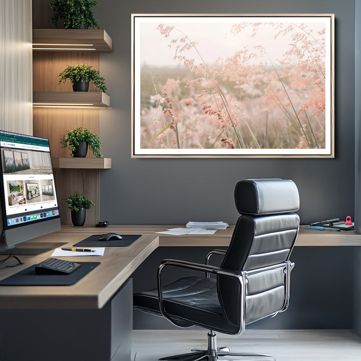 Pastel Grasses Wall Art Canvas Print, Soft Meadow Print, Framed Field in Breeze Art Print, Large Pink Meadow Printing Soft Pastel