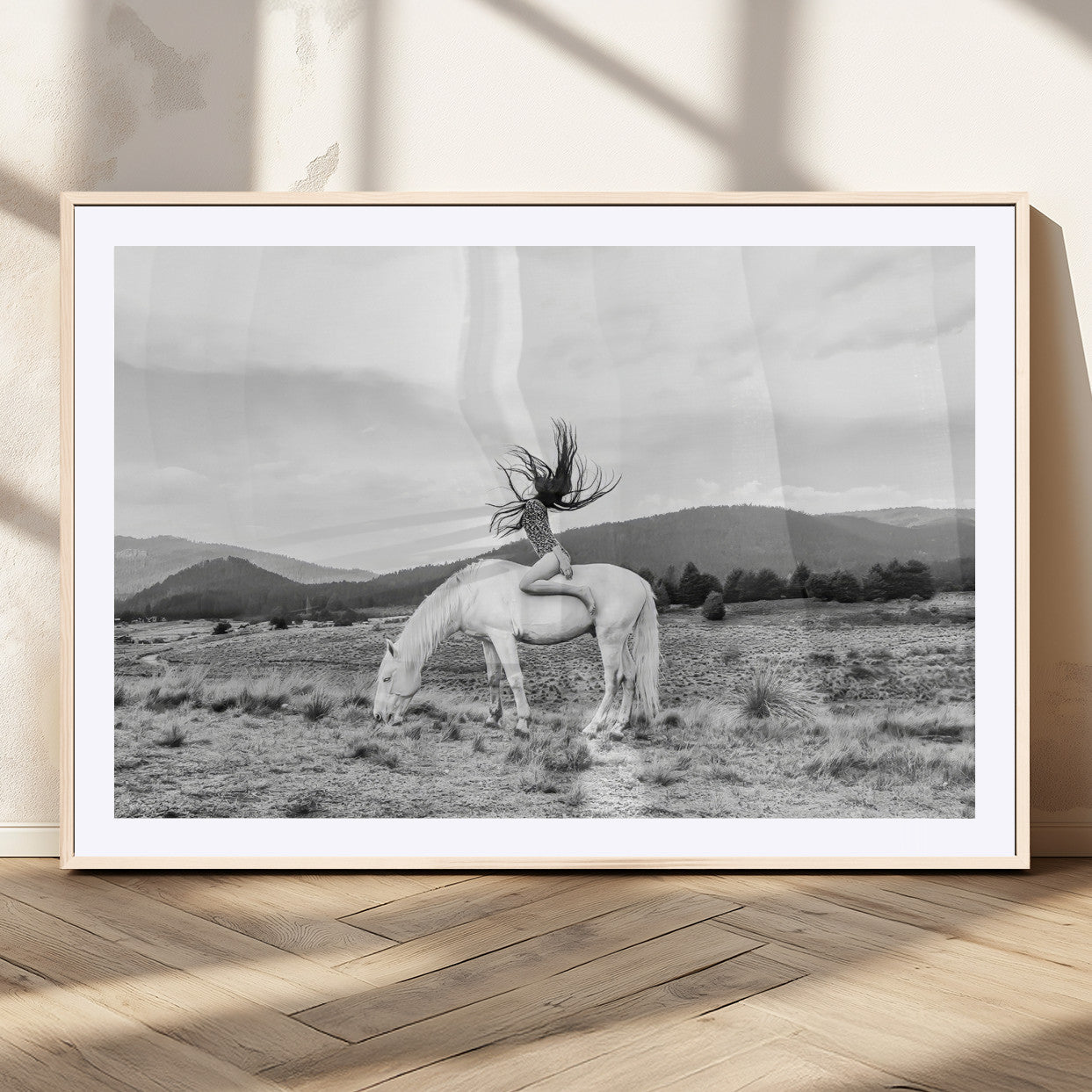 MGC-FP-36x24 - White Horse Wall Art Canvas Print, Framed Woman Rider Art Picture Print, Equestrian Pose Perfect Western Boho Decor Artwork