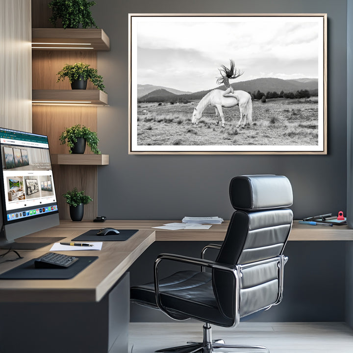 White Horse Wall Art Canvas Print, Woman Rider Print, Framed Equestrian Pose Art Print, Large Grazing Horse Printing Western Boho