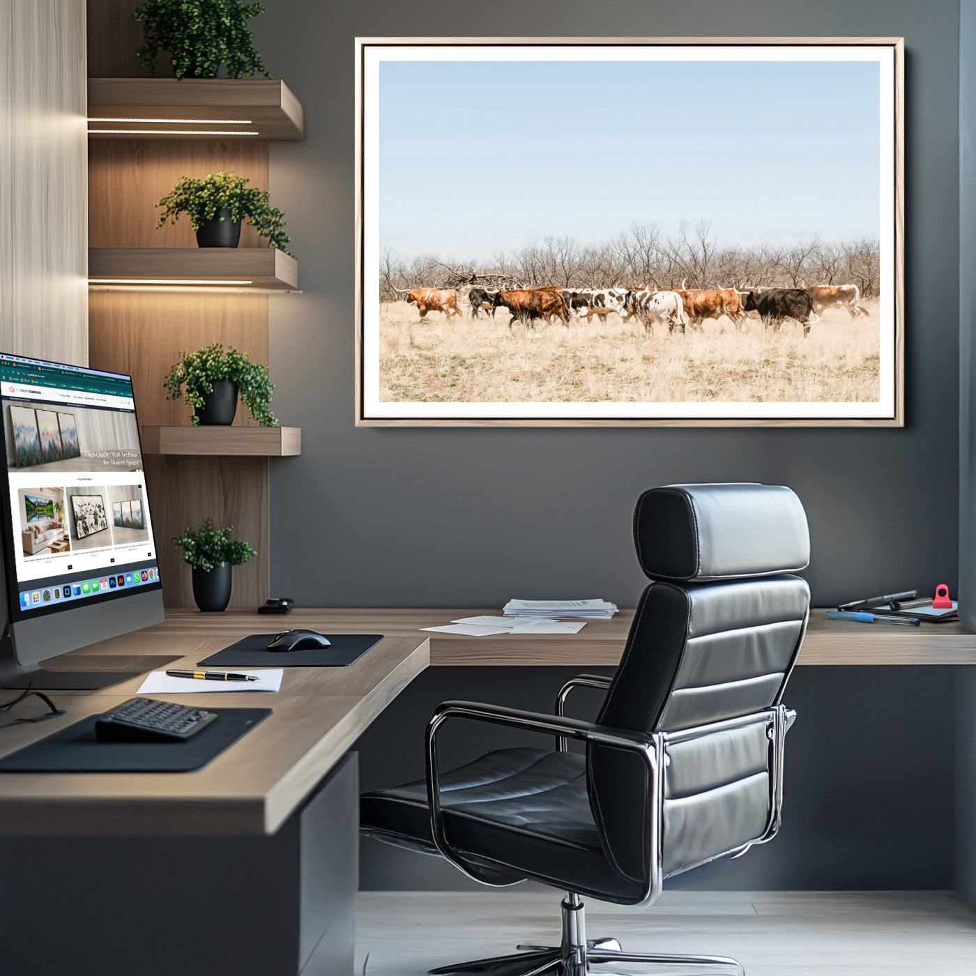16563092-MGC-FP-36x24_Natural-Texas Longhorns Wall Art Canvas Print, Western Cattles Print Wall Art, Framed Rustic Herd Art Print, Large Country Cows Printing Rustic