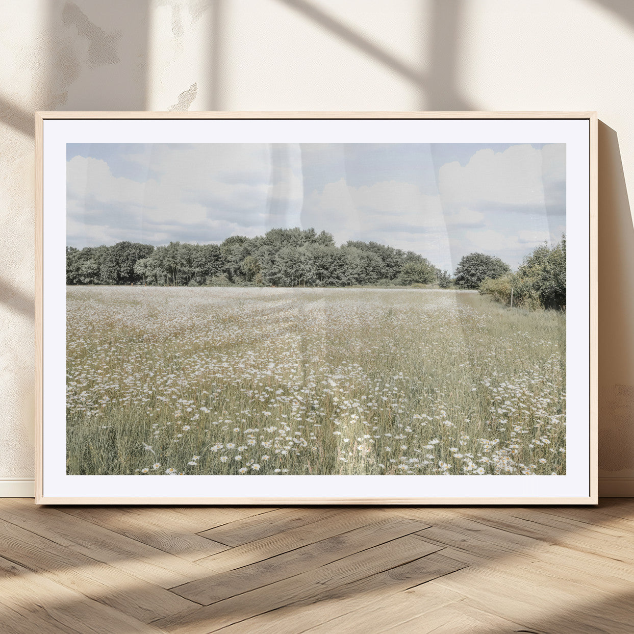 MGC-FP-36x24 - Charming Daisy Field Wall Art Canvas Print, Framed Pastel Flower Art Picture Print, Meadow Bloom Perfect Scandinavian Minimalist Decor Artwork