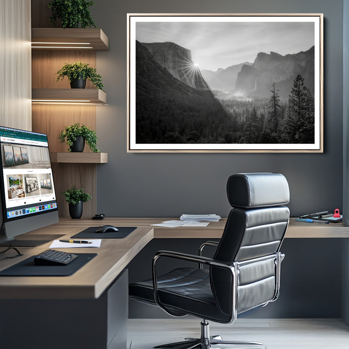 Yosemite Valley Wall Art Canvas Print, Framed El Capitan Sunrise Print, Framed Misty Mountain Art Print, Large Monochrome Valley Printing