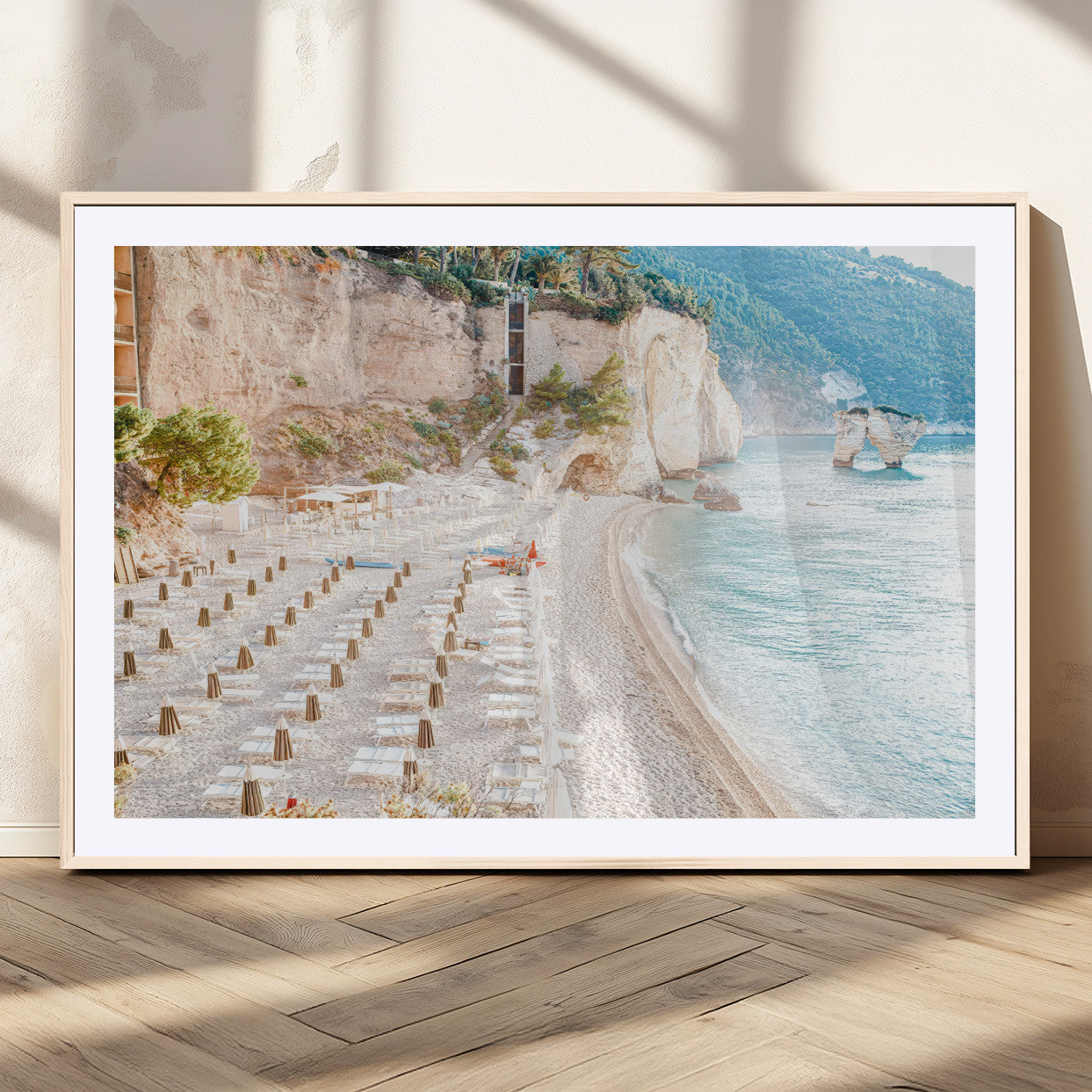 84816639-MGV-CV-36X24 - Sunny Beach Wall Art – Chairs & Umbrellas Canvas Print, Clear Water, Rocky Cliffs, Coastal Calm for Living Room or Vacation Home Decor