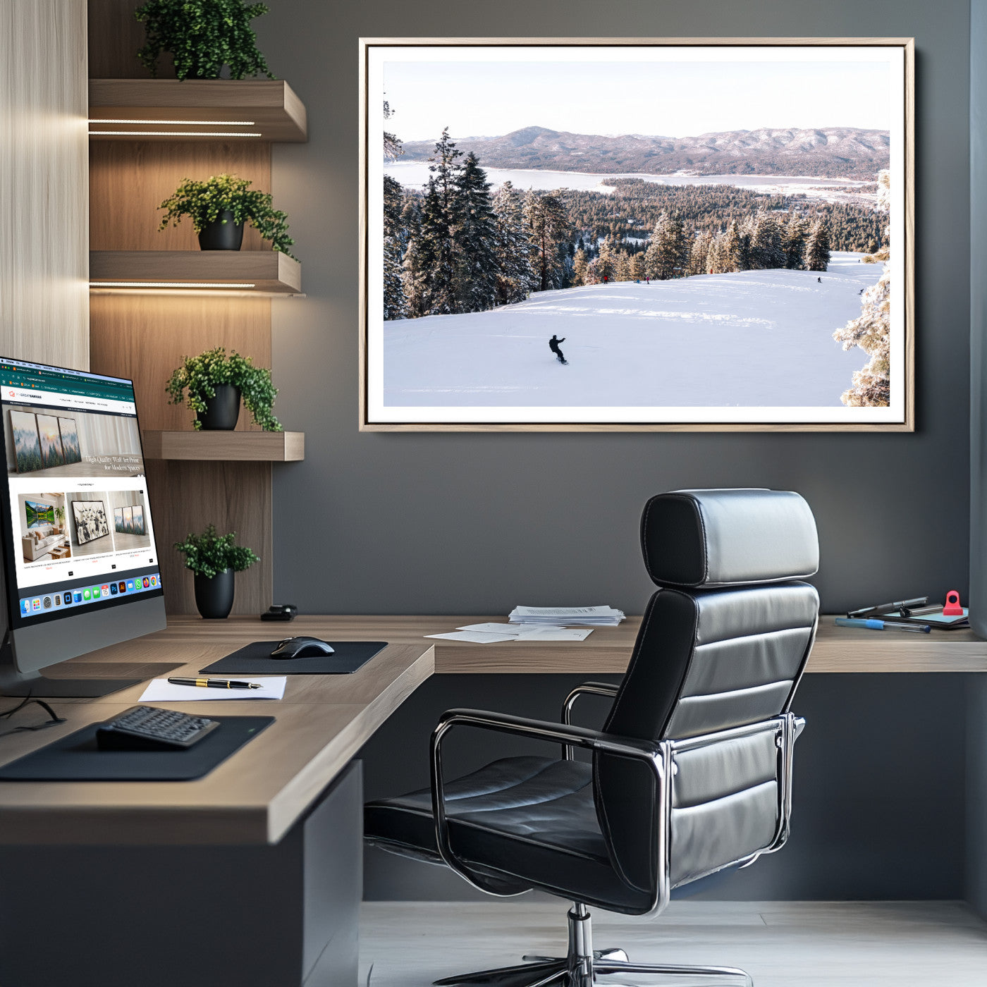 79857868-MGC-FP-36x24-Snowy Mountain Wall Art Canvas Print, Framed Ski Slope Art Picture Print, Winter Forest Perfect Rustic Decor, Framed Ski Slope Canvas