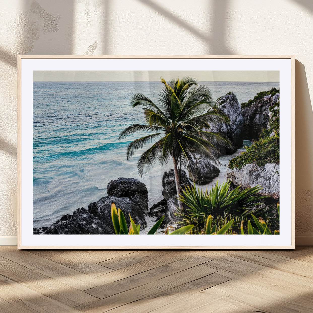 94669907-MGV-CV-36X24 - Tropical Palm Wall Art – Coastal Rocks Canvas Print, Ocean Breeze, Sandy Shore, Vibrant Green Foliage for Living Room or Beach House Decor