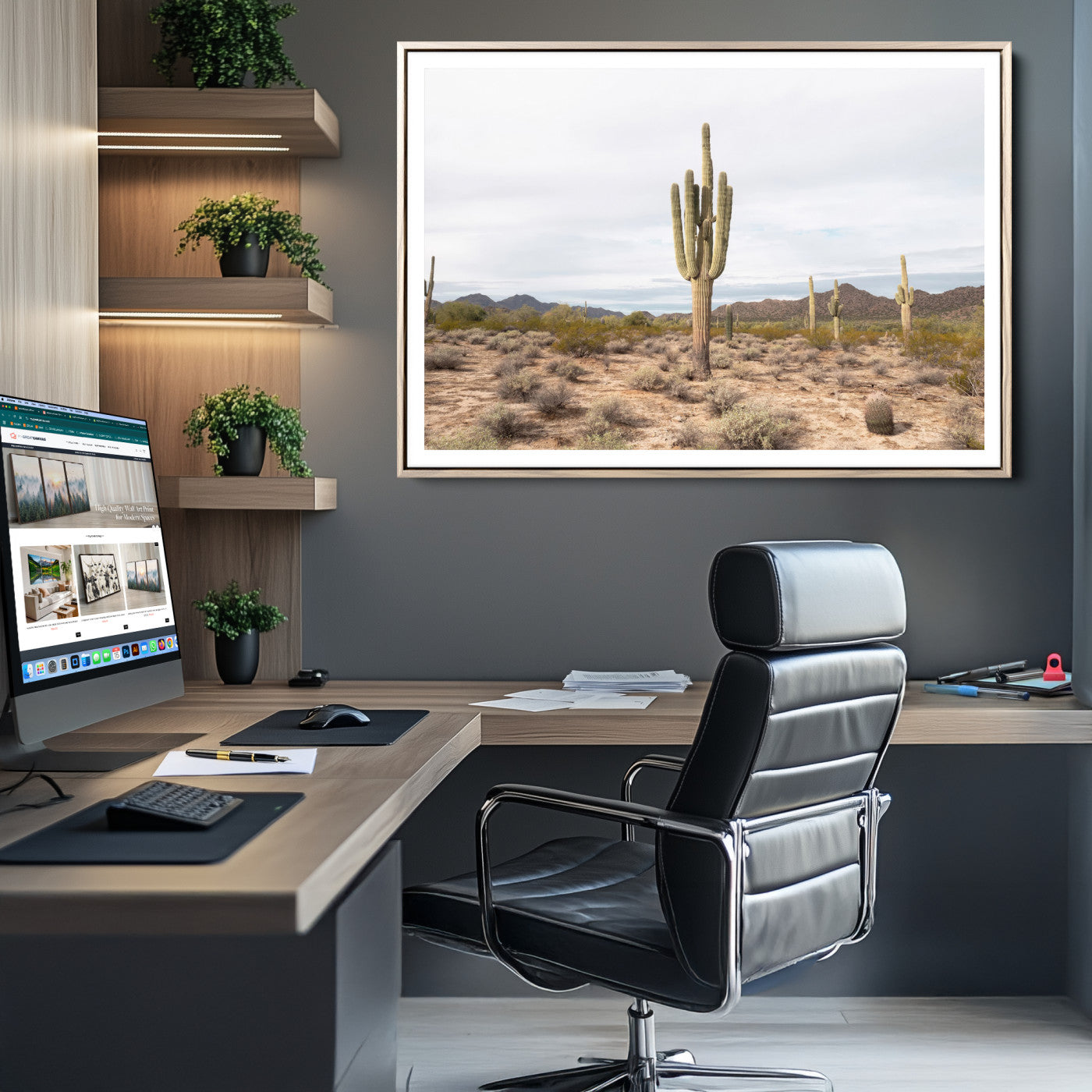 Saguaro Cactus Wall Art Canvas Print, Framed Desert Art Picture Print, Minimalism Perfect Boho Decor, Framed Saguaro Cactus Canvas