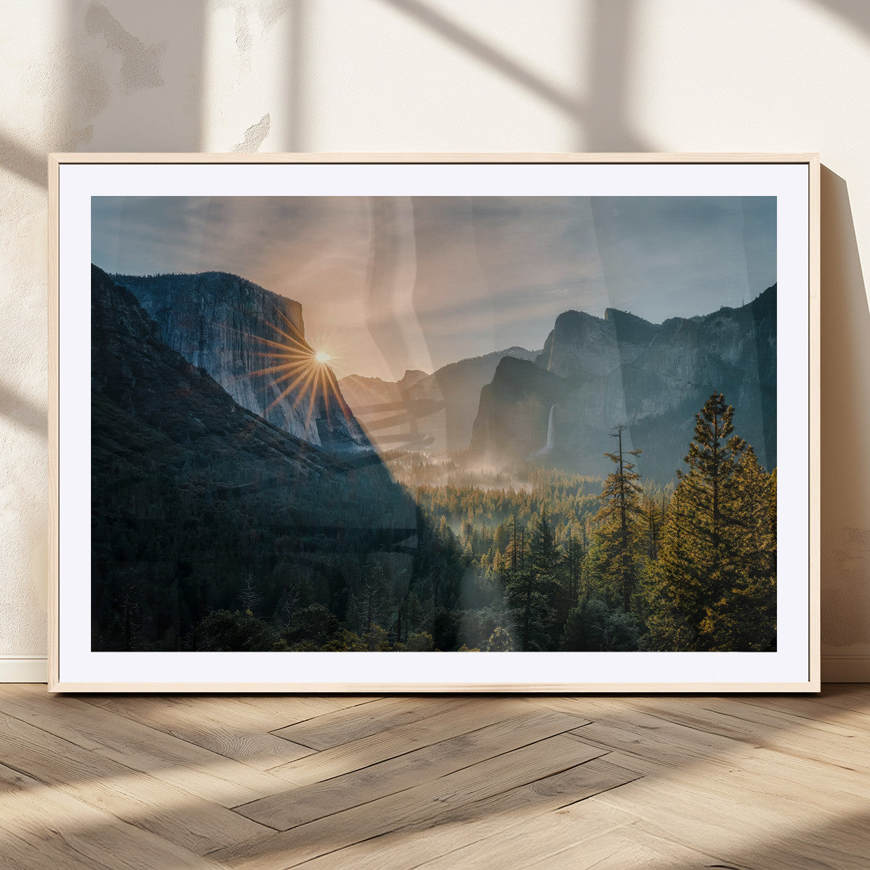 51605481-MGV-CV-36X24 - Yosemite Valley Wall Art – Misty Forest Peaks Canvas Print, Radiant Light, Tranquil Nature Landscape for Living Room or Cabin Decor