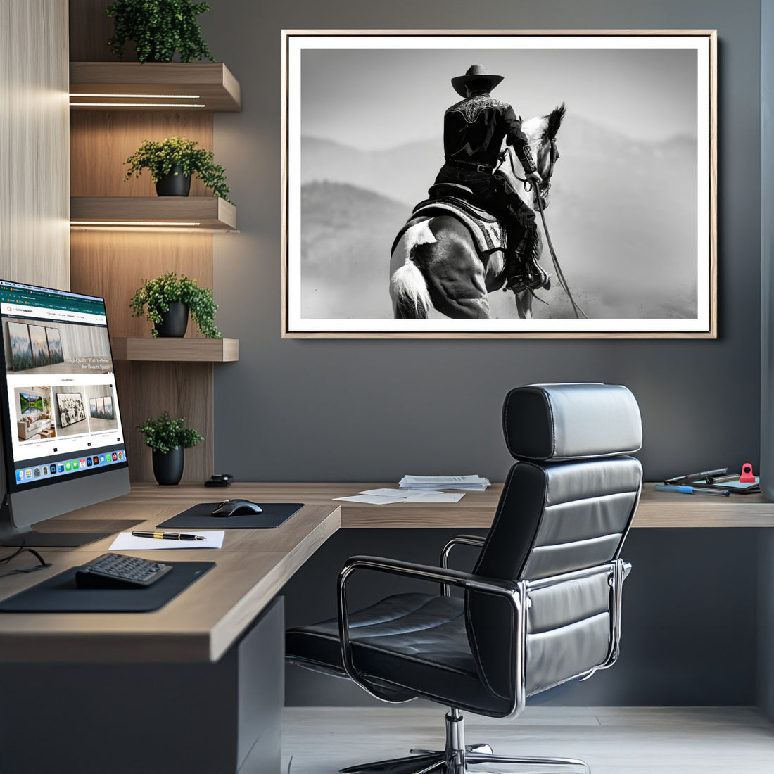 Western Wall Art Canvas Print, Framed Cowboy and Horse Rustic Ranch Art