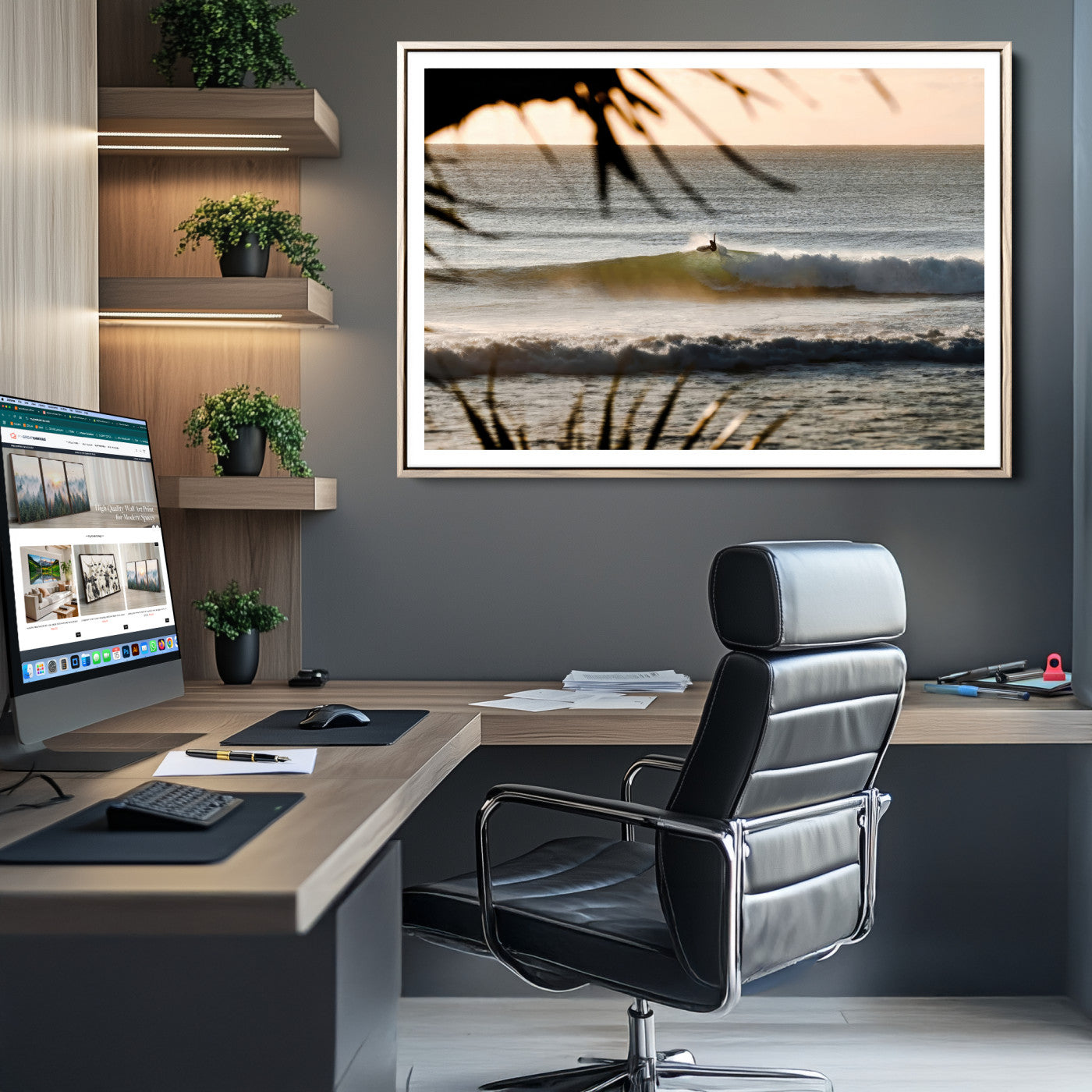 Sunset Surf Wall Art Canvas Print, Framed Golden Hour Art Picture Print, Waves Perfect Boho Decor, Framed Sunset Surf Canvas