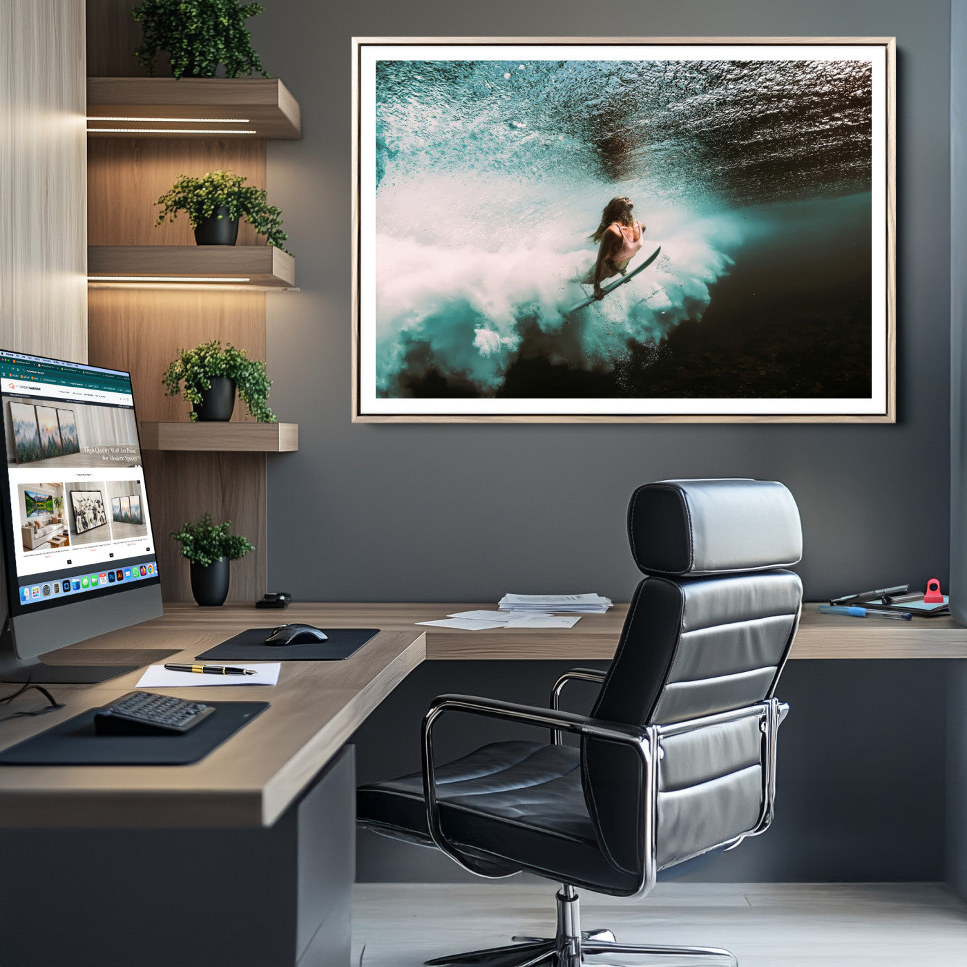 Vibrant Aquatic Motion Wall Art Canvas Print, Framed Underwater Swimming Art Picture Print, Female Surfer Diving Perfect Coastal Boho Decor,