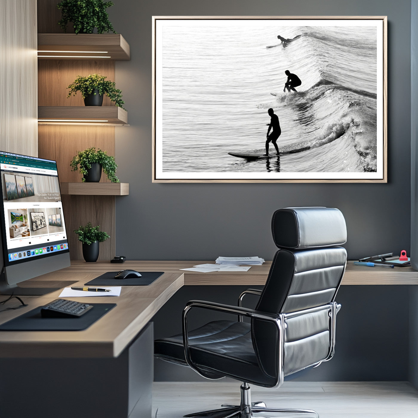19875284-MGC-FP-36x24-Surfers on Waves Wall Art Canvas Print, Framed Black White Surf Art Picture Print, Monochrome Ocean Perfect Modern Coastal Decor, Surfers on
