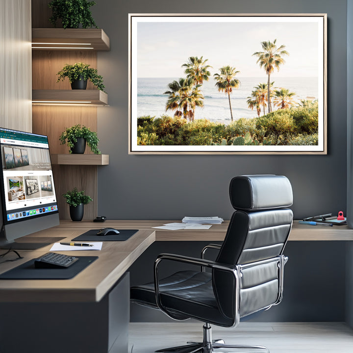 California Coast Wall Art Canvas Print, Framed Palm Trees Art Picture Print, Coastal Landscape Perfect Coastal Minimalist Decor