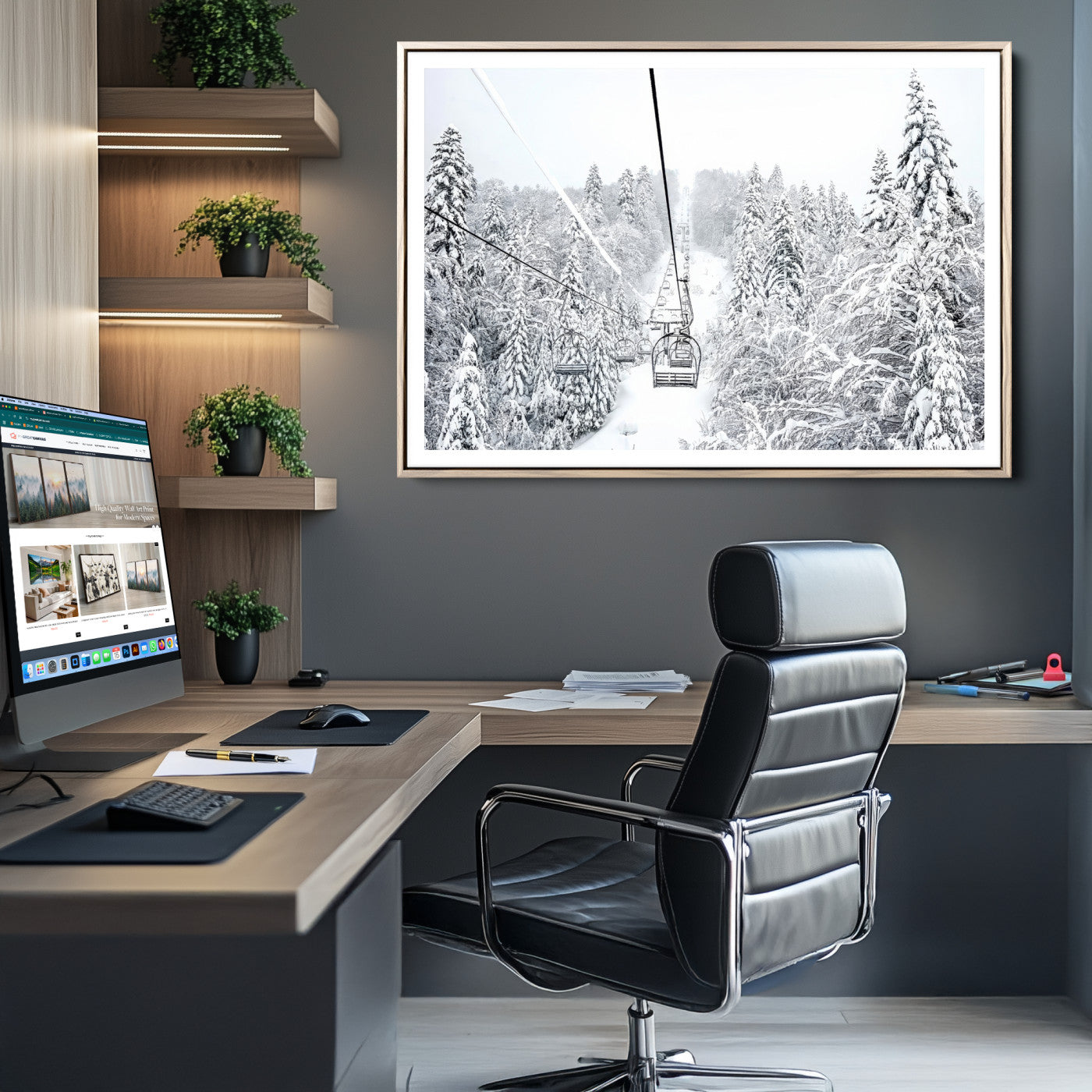 Winter Forest Wall Art Canvas Print, Framed Snowy Forest Art Picture Print, Winter Ski Lift Perfect Scandinavian Minimalist 3/3 Decor