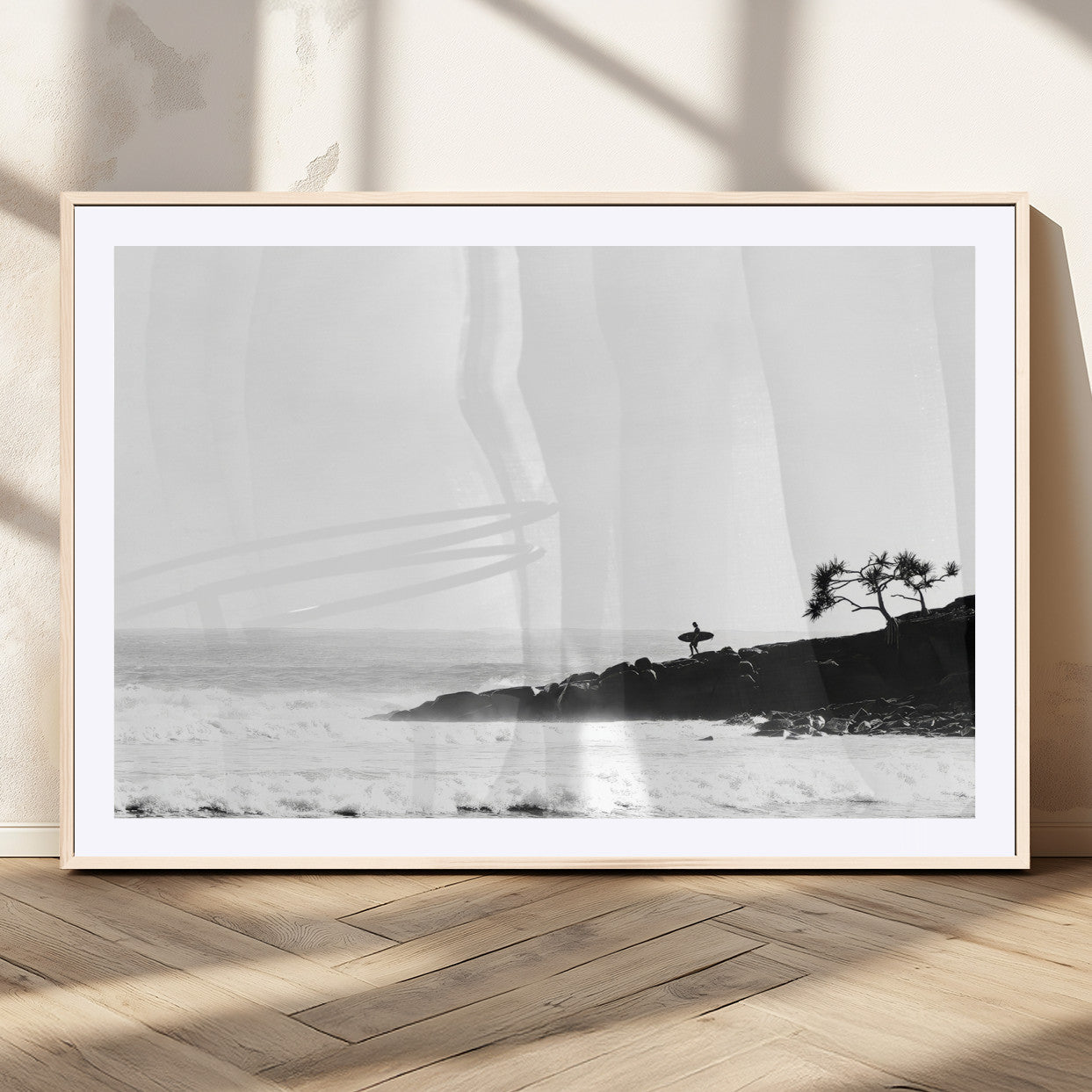 MGC-FP-36x24 - SurferCliffs Wall Art Canvas Print, Framed Black White Beach Art Picture Print, Ocean Waves Perfect Minimalist Coastal Decor Artwork
