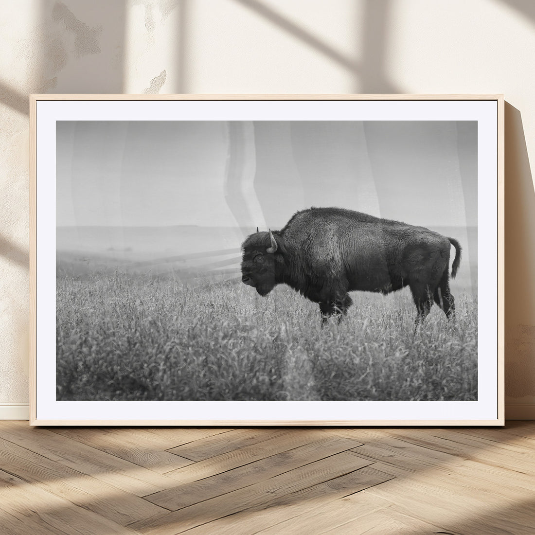 Bison in Prairie Wall Art Canvas Print, Framed Rustic Wildlife Art, Wild Buffalo Decor
