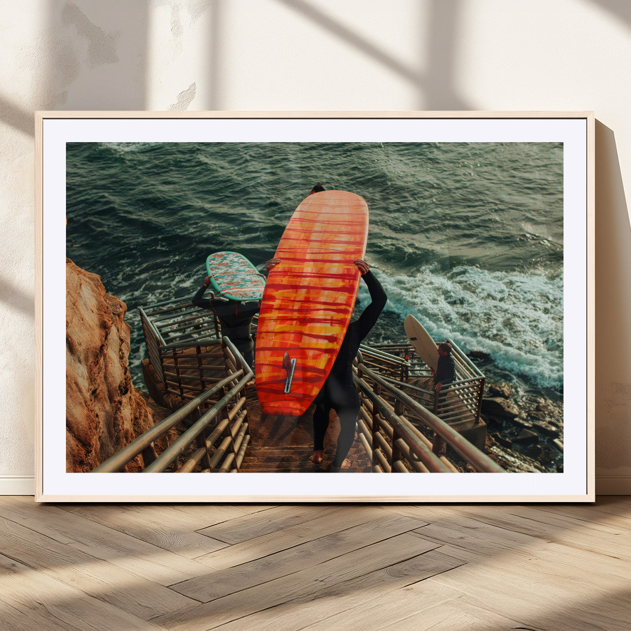 MGC-FP-36x24 - Surfer Stairway Wall Art Canvas Print, Framed Ocean Surf Art Picture Print, Sunset Coastal Perfect Coastal Adventure Decor Artwork